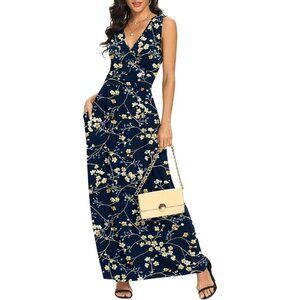 Women Sui Mei Blue Deep V Neck Sleeveless Loose Plain Long Maxi Stretchy Dress
